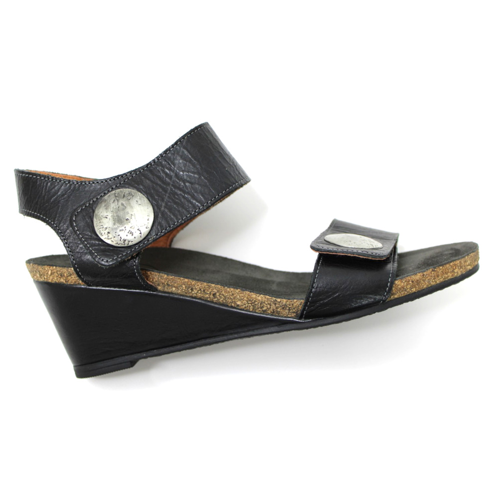 Taos Women's Carouse 2 Button Wedge Black Leather Sandals Shoes EUR 40 US 9-9.5